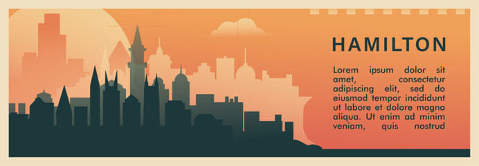 Hamilton city brutalism vector banner with skyline, cityscape. Canada, Ontario province retro horizontal illustration, travel layout for web presentation, header, footer - obrazy, fototapety, plakaty