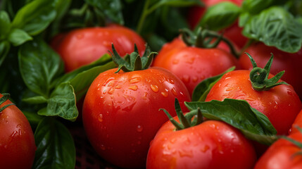Fresh juicy red tomatoes with vibrant green leaves on display