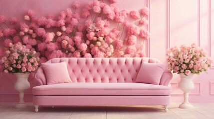 Pink sofa and flowers on pink wall background, interior design concept.