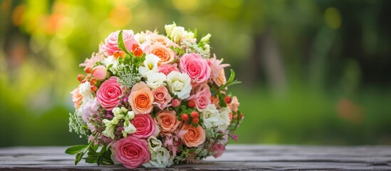 A lovely bouquet of pink and white Hybrid tea roses is elegantly arranged on a wooden table, perfect for a wedding ceremony or flower arranging - obrazy, fototapety, plakaty