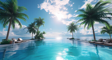 palm trees and sun loungers surrounded by blue water