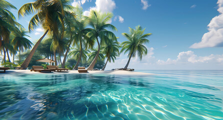 palm trees and sun loungers surrounded by blue water