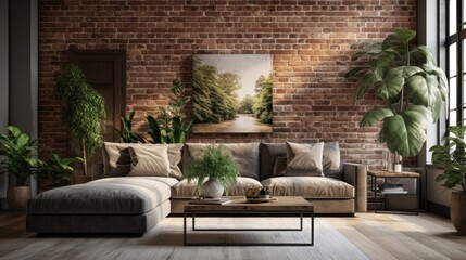 Modern interior of living room with brick wall and sofa