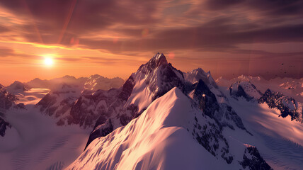 Naklejka na ściany i meble Majestic snow-covered mountains bathed in the warm glow of a sunset with a pastel sky. 