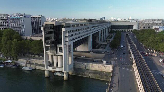 Ministry of Economics and Finance new palace in Bercy, Paris in France. Aerial drone orbiting