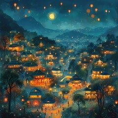 Fototapeta na wymiar Enchanted Village Festival Lights under a Moonlit Sky