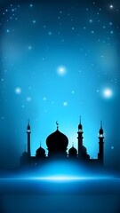 Beautiful ramadan illustration with a mosque silhouette on blue background.