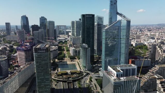 Modern La Defense Parisian business district in Paris, France. Aerial sideways