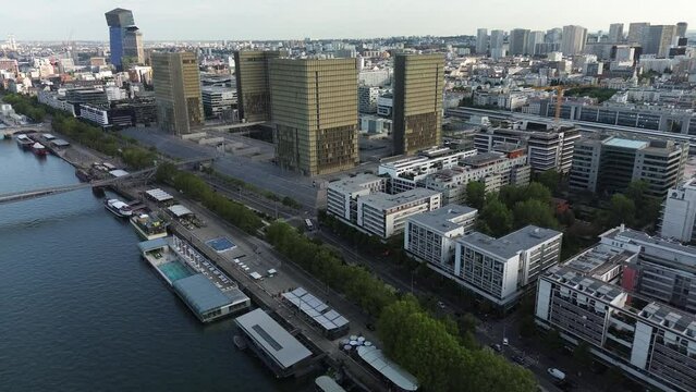 Francois Mitterrand National Library of France and surrounding cityscape in district of Tolbiac, Paris in France. Aerial drone view