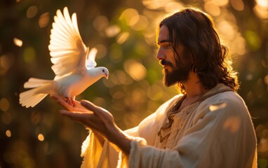 Jesus Christ with a dove. Jesus baptised concept. Generative AI