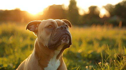 Cute puppy of American Bully breed, with serious face expression, white spot on the chest, brown eyes. Exotic new breed, outdoor