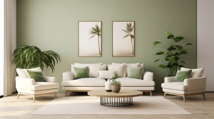 Interior of living room with white sofa and wooden coffee table