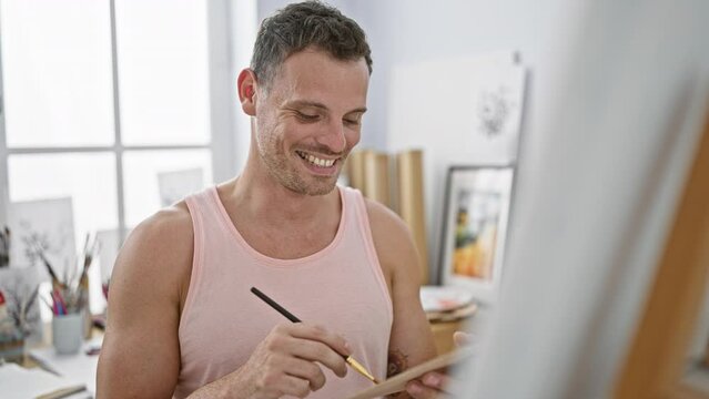Smiling man painting in a bright studio, embodying creativity, art, and indoor leisure activity.