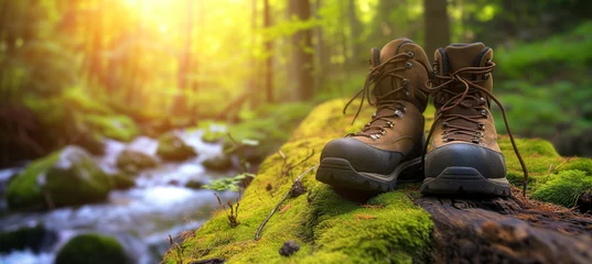 Foto op Canvas Panoramic view of hiking boots resting on mossy log in lush forest with stream © pijav4uk