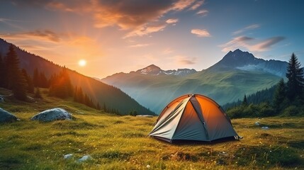 Outdoor_camping_photo._tent_in_the_middle_of_nature sunset backgroundai generated high quality image