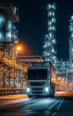 Tanker truck on road, factory in background.