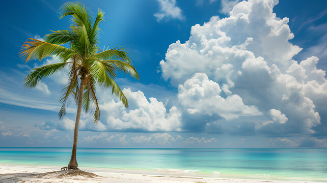 Serene tropical beach scene with a single palm tree against a clear blue sky and fluffy white clouds.
