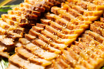Boiled pork on a plate, Korean food	