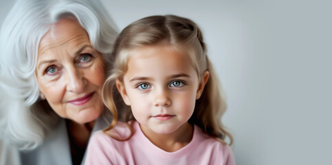 Close up portrait of a young girl with her elderly grandmother share a tender moment. Intergenerational connections and family values concept.