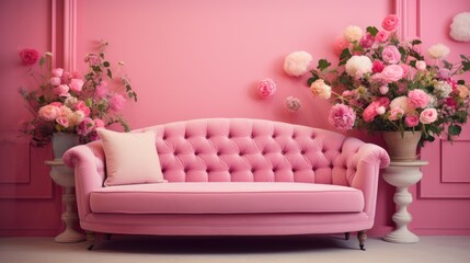 Pink sofa and flowers on pink wall background, interior design concept.