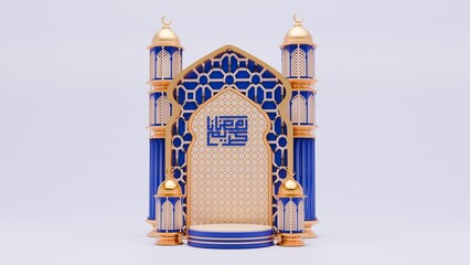 3D Render Ramadan podium background with mosque, pillar and islamic ornaments