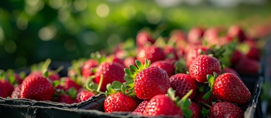 A bunch of seedless Virginia strawberries are placed in a basket amidst a field of grass. These...