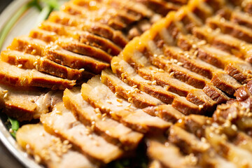 Boiled pork on a plate, Korean food	