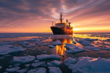Icebreaker in ocean. Northern landscape - obrazy, fototapety, plakaty