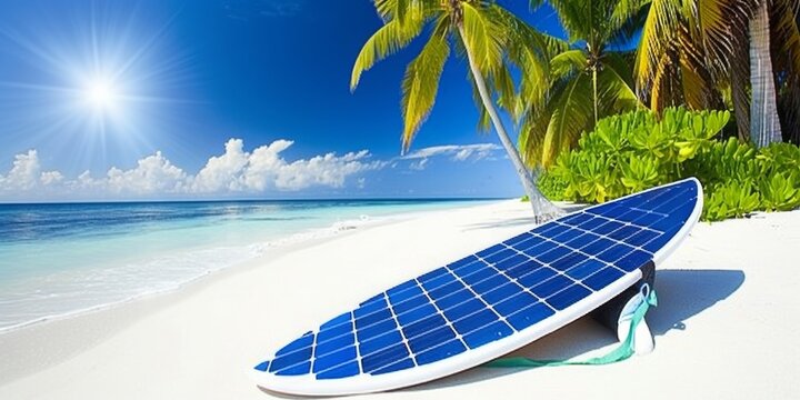 A Solar Panel on a Pristine Beach Next to a Surfboard, Symbolizing the Harmony of Renewable Energy and Leisure, Generative AI