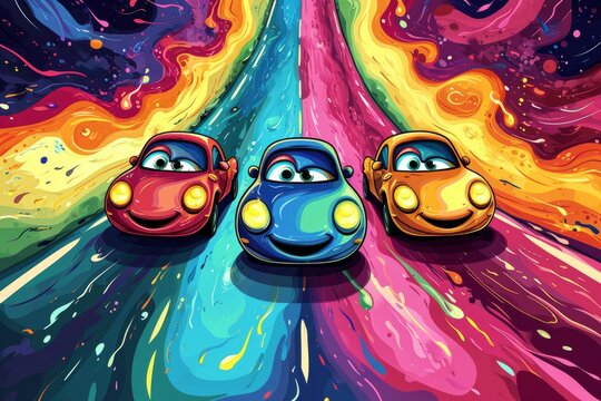 Cartoon cute doodles of smiling cars with big, expressive headlights, racing down a colorful highway, Generative AI