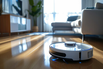 robot and home assistant vacuuming in the living room of a house