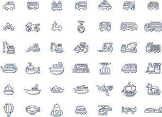 様々な乗り物のカラーシャドウアイコンセット　青