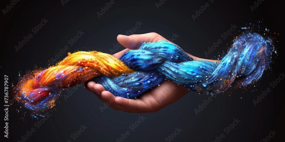 Wall mural hands cradle a swirling galaxy node, artfully blending celestial stardust and cosmic colors in a vib