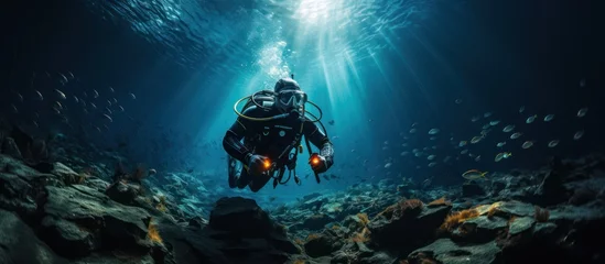 Foto op Aluminium a diver with full scuba equipment performs in the deep blue sea © MBRAMO
