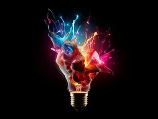 Abstract Colored Light Bulb Explosion Isolated on Black Background. Generative AI
