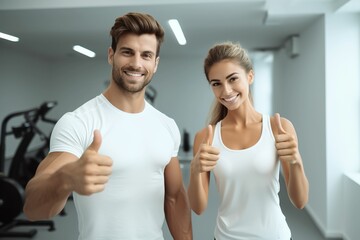 Fitness man and woman giving thumbs up in the gym, healthy life, gym advertising