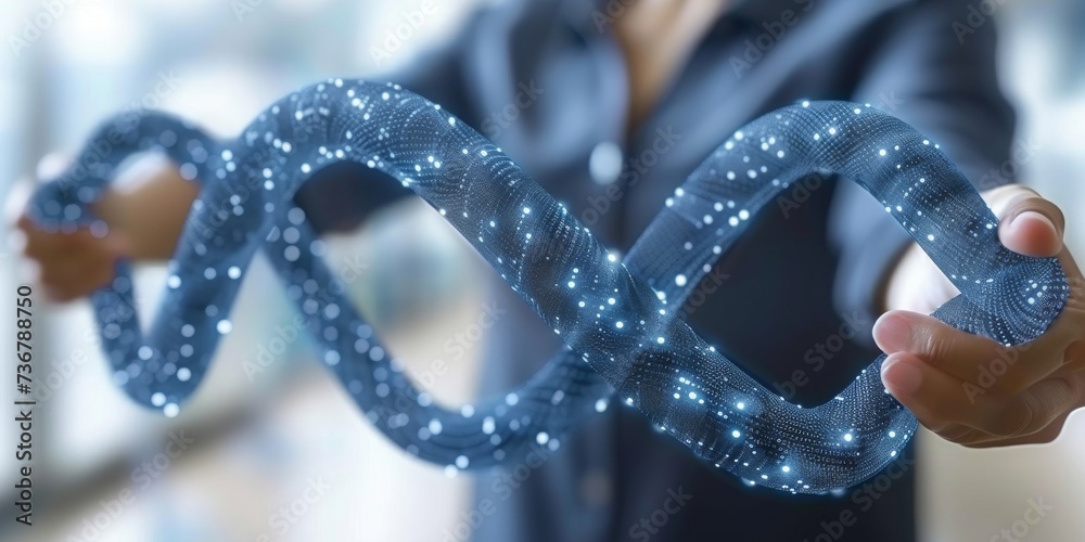Aufkleber A Business Professional Manipulates a Blockchain Visualization, Symbolizing Advanced Security and Data Encryption Technologies, Generative AI