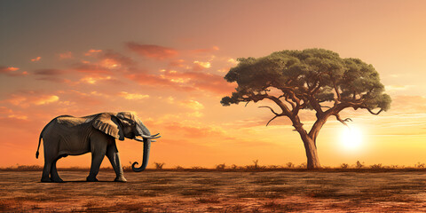 Fototapeta na wymiar Whispers of Solitude: A Majestic Elephant by the Lone Tree