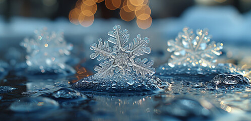 Closeup of a snowflake landing on a surface resembling the delicate footwork of the whirling dervishes in a flurry.