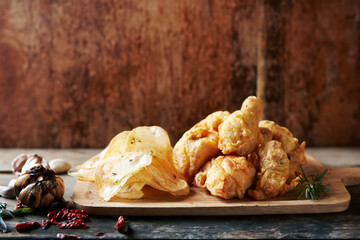 Fried chicken on wooden plate