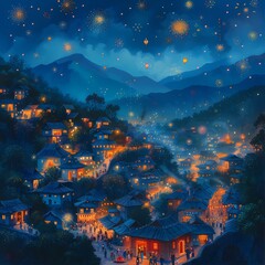 Fototapeta na wymiar Enchanting Twilight Lantern Festival in a Traditional Mountain Village