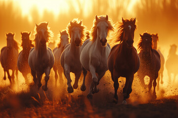 Wild Horses at Sunset. A Majestic Herd Galloping Free