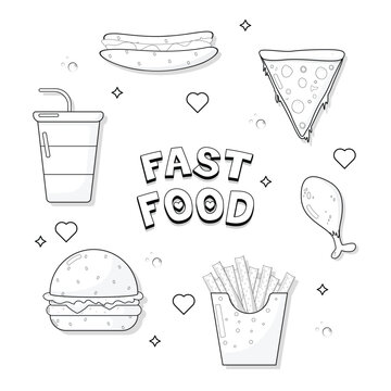 Set of fast food, colour less fast food, stickers, colouring page for colouring book