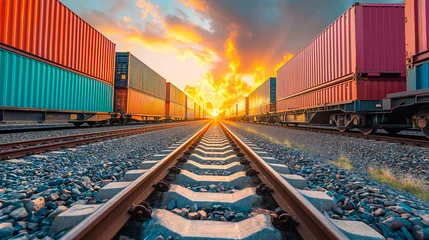 Fototapete Rund railway track with a string of container trains, highlighting the importance of rail transport in the movement of goods and commerce across vast distances © MVProductions