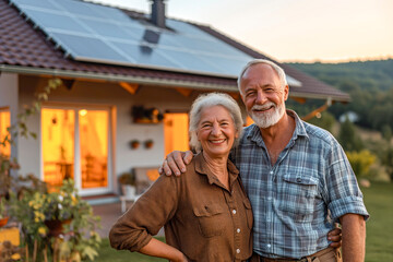 Smiling elderly couple standing in front of their home with solar panels on the roof in the evening - obrazy, fototapety, plakaty
