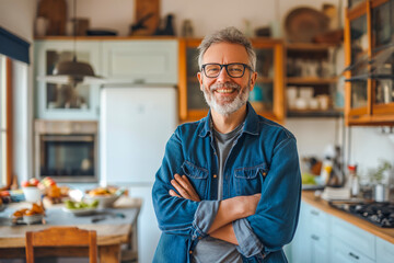 Smiling middle aged man staying in the kitchen at home, single mature senior in living room - obrazy, fototapety, plakaty