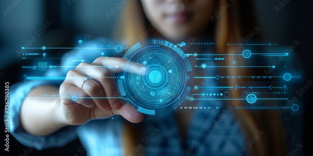 Aufkleber A Technologist Interacts with an Advanced Holographic Interface, Signifying Cutting-Edge Cybersecurity and Data Protection, Generative AI