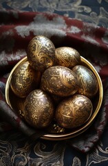 Obraz premium Shiny golden eggs in golden plate.