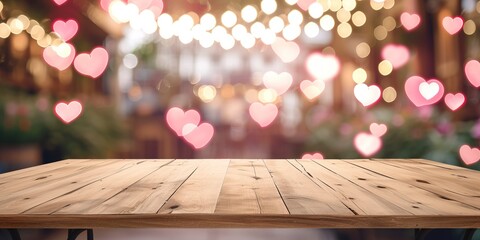 Empty wooden table in front of abstract blurred pink hearts shape valentine light background
