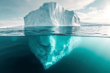 Half-submerged white iceberg in ocean. - obrazy, fototapety, plakaty